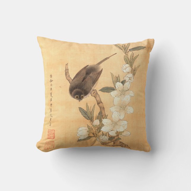 Bird & Peach Blossoms Ming Dynasty Oriental Art Cushion (Front)
