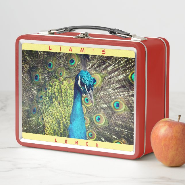 Bird Peacock (Personalise Name)  Metal Lunch Metal Metal Lunch Box (In Situ)
