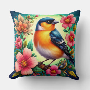 Bird Perched Amongst Colorful Flowers Cushion