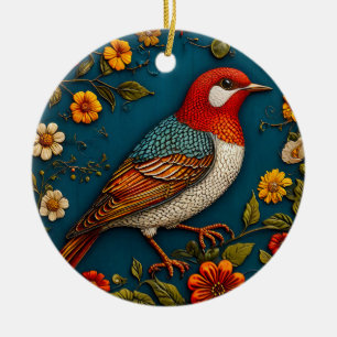 Bird Perched Amongst Colourful Flowers Ceramic Tree Decoration