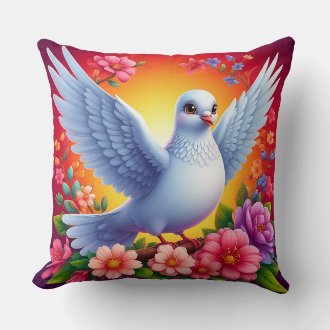 Bird Perched Amongst Colourful Flowers Cushion (Front)