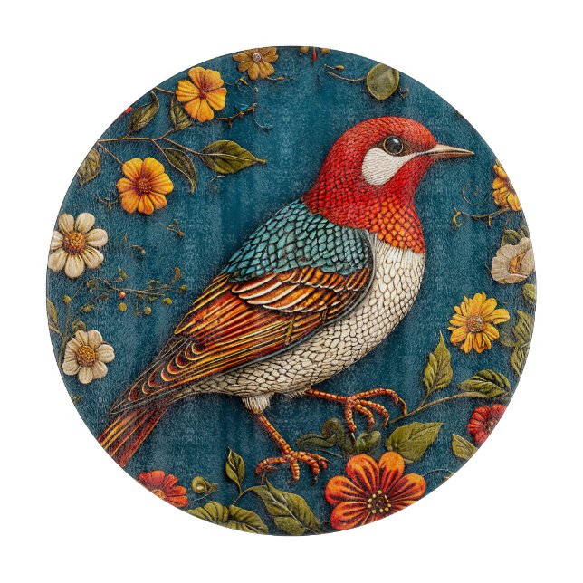 Bird Perched Amongst Colourful Flowers Cutting Board (Front)