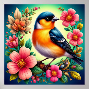 Bird Perched Amongst Colourful Flowers Poster
