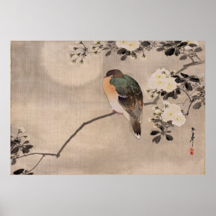 Bird perched on a branch of a blossoming tree poster