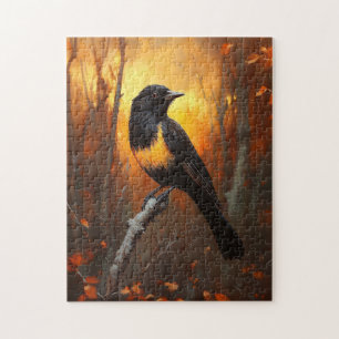 Bird Perched on Branch in Autumnal Forest Jigsaw Puzzle