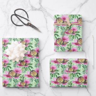 Bird Perched On Pink Flowers Leaves Branches Wrapping Paper Sheet