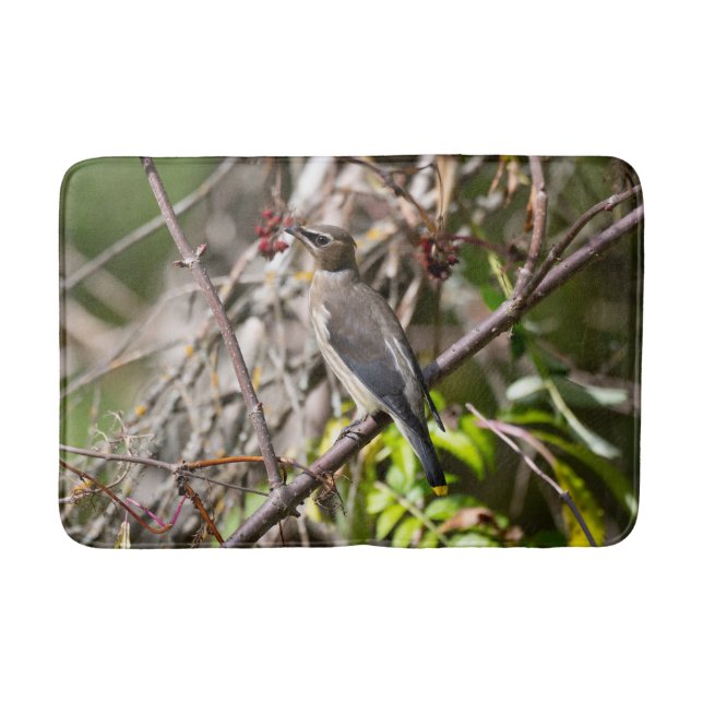 Bird Photography, Bohemian Waxwing Bath Mat (Front)