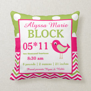 Bird Pink Green Baby Announcement Pillow