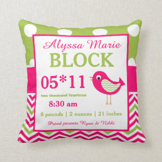 Bird Pink Green Baby Announcement Pillow