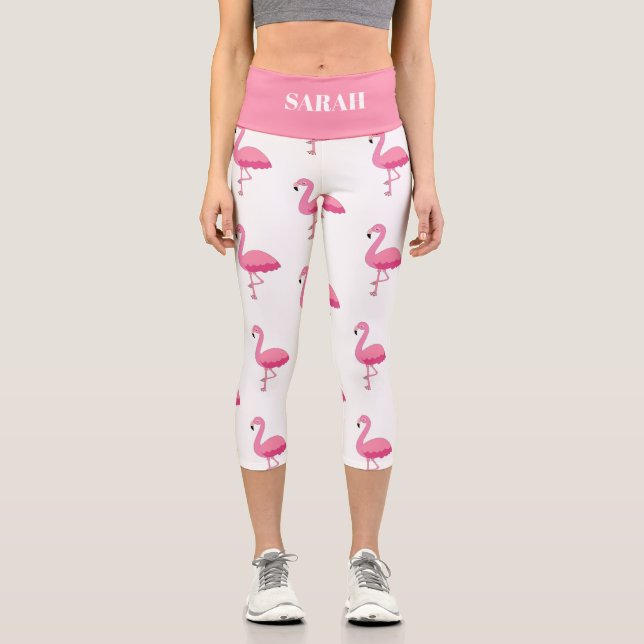 Bird Print Flamingo Pattern With Custom Name Capri Leggings (Front)
