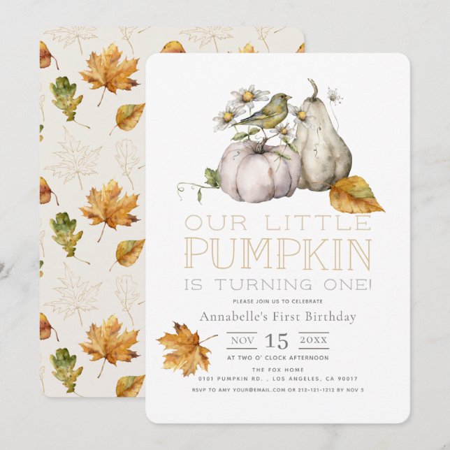 Bird Pumpkin Fall Leaves Watercolor 1st Birthday Invitation (Front/Back)