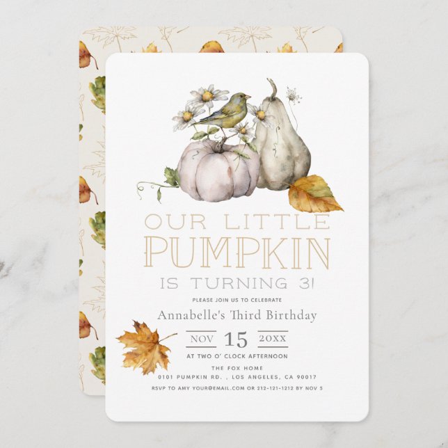 Bird Pumpkin Fall Leaves Watercolor Birthday Invitation (Front/Back)