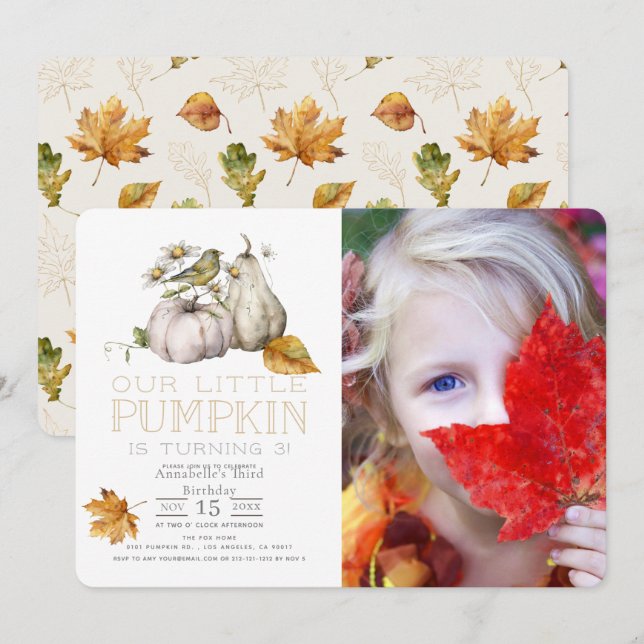 Bird Pumpkin Fall Watercolor Birthday Photo Invitation (Front/Back)