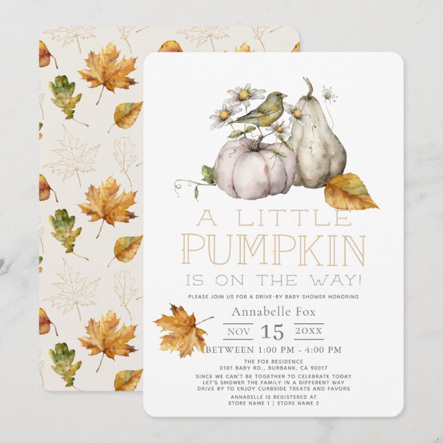 Bird Pumpkin Fall Watercolor Drive-by Baby Shower Invitation (Front/Back)
