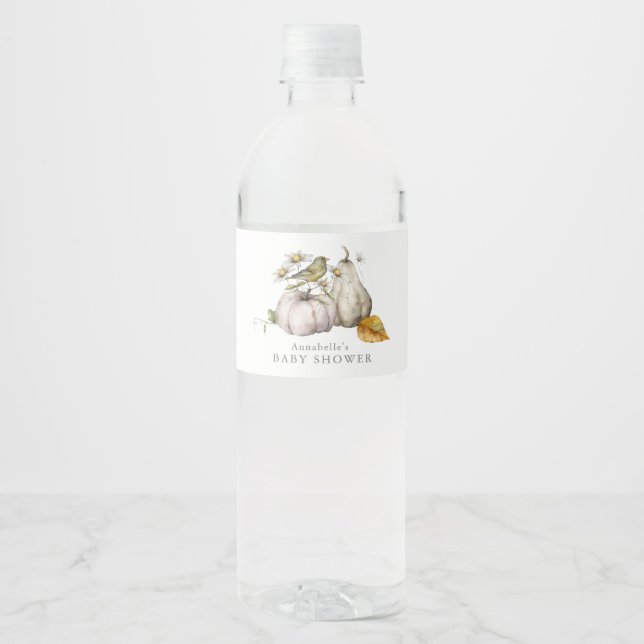 Bird Pumpkin Watercolor Baby Shower Water Bottle Label (Front)