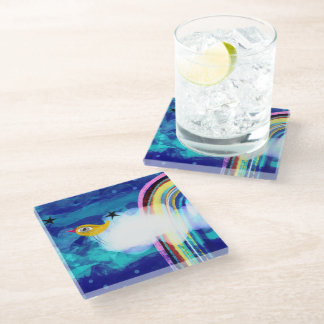 Bird rainbow blue sky glass coaster