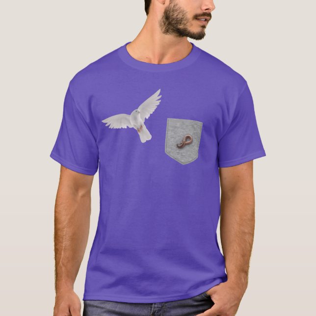 Bird Reaching For Worm In Fake Pocket Funny Bird g T-Shirt (Front)