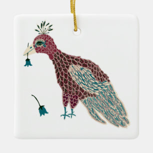 Bird Red with blue flowers Ceramic Ornament