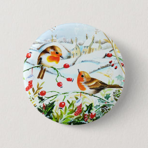 Bird Robin Couple Winter Holly Christmas 6 Cm Round Badge