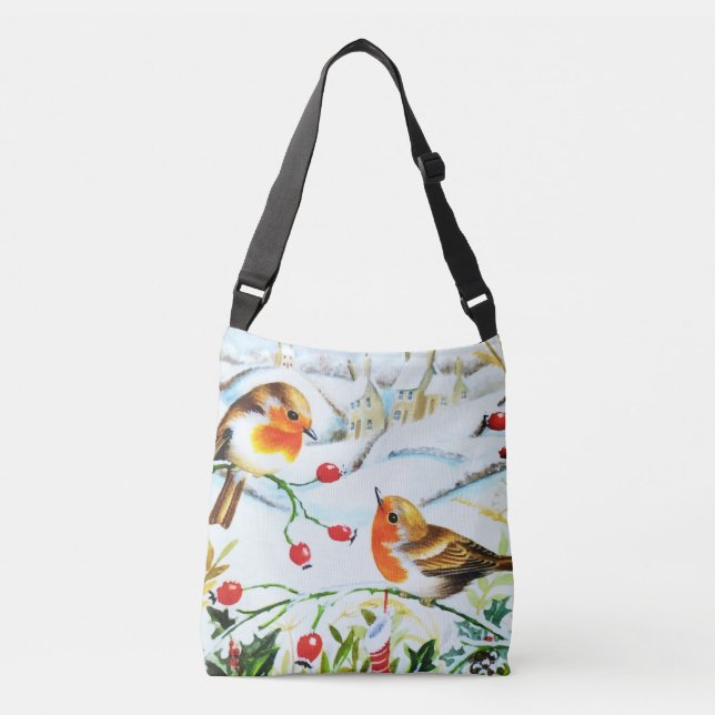 Bird Robin Couple Winter Holly Christmas Crossbody Bag (Front)
