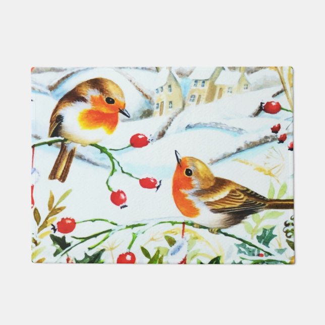Bird Robin Couple Winter Holly Christmas Doormat (Front)