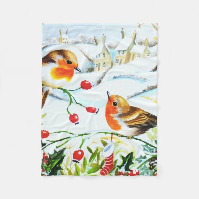 Bird Robin Couple Winter Holly Christmas Fleece Blanket (Front)
