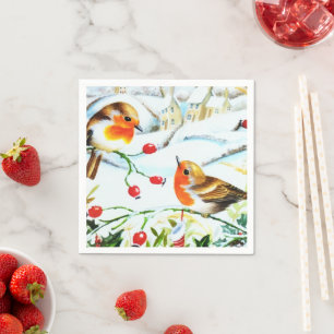 Bird Robin Couple Winter Holly Christmas Napkin