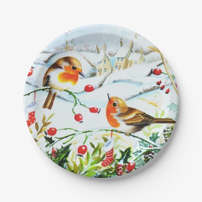Bird Robin Couple Winter Holly Christmas Paper Plate (Front)