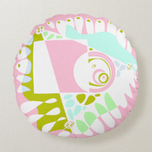 Bird’s Nest - Flamingo Pink White  Round Cushion