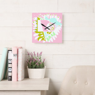 Bird’s Nest - Flamingo Pink White  Square Wall Clock