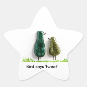 Bird says 'tweet' 2 cute love birds green ceramic star sticker