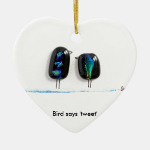 Bird says tweet - fun love birds in blue glass ceramic tree decoration