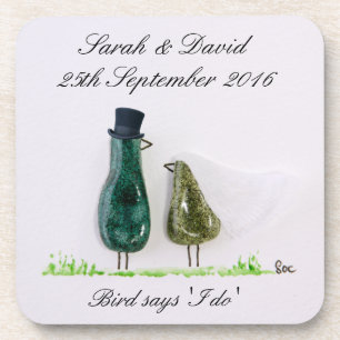 Bird says 'tweet' Wedding couple in green ceramic Coaster