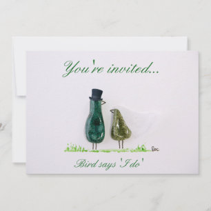 Bird says 'tweet' Wedding couple in green ceramic Invitation