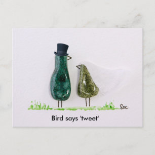Bird says 'tweet' Wedding couple in green ceramic Postcard