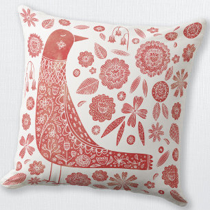 Bird Scandinavian Red White Cushion
