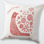 Bird Scandinavian Red White Personalised Cushion<br><div class="desc">Scandinavian folk art style red and white bird and flower design.  Original art by Nic Squirrell. Change or remove the name to customise.</div>