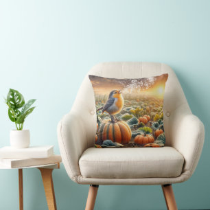 Bird Singing On a Pumpkin Cushion