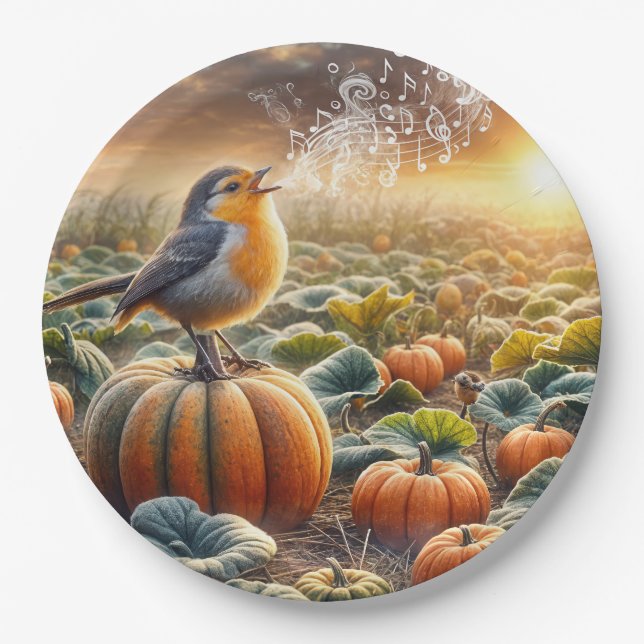 Bird Singing On a Pumpkin Paper Plate (Front)