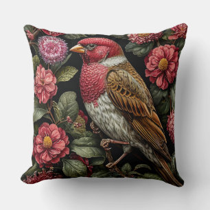 Bird sitting on a branch with flowers cushion