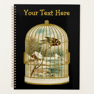 Bird Snow Covered Farm by Stream in Gold Birdcage  Planner