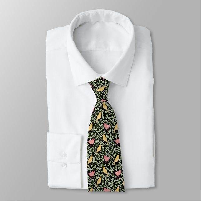 Bird songbird botanical print  neck tie (Tied)