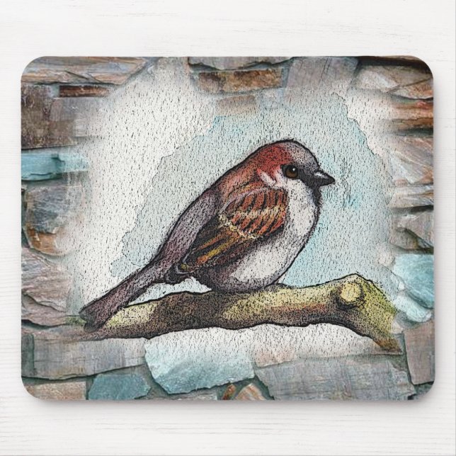 Bird, Sparrow: Watercolor Painting, Art Mouse Mat (Front)