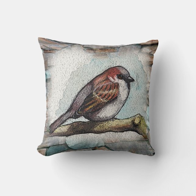 Bird, Sparrow: Watercolor Painting: Rocks, Stones Cushion (Front)