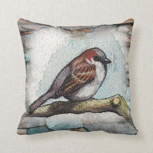 Bird, Sparrow: Watercolor Painting: Rocks, Stones Cushion
