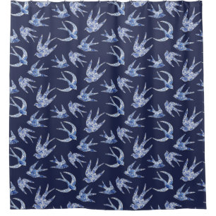 Bird Swallow Floral Navy White Vintage Chinese Shower Curtain