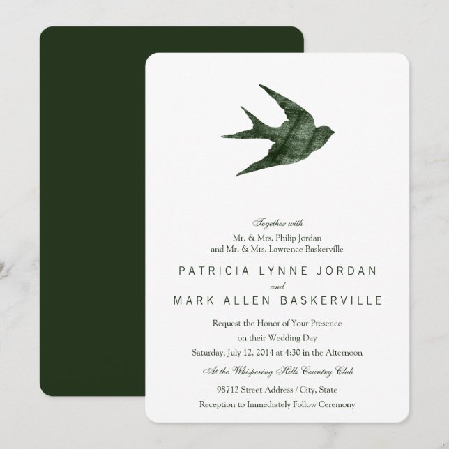 Bird Swallow (Letterpress Style) Invitation (Front/Back)