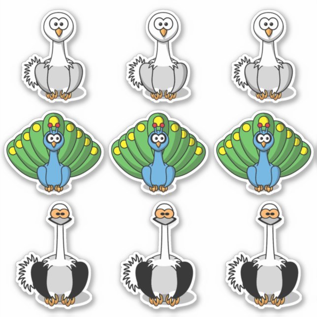 Bird Swan, Peacock, Ostrich Cartoon (Front)
