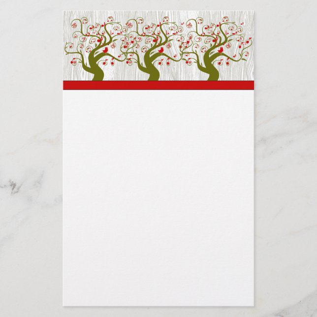 Bird Swirl Tree Musical Red Green Xmas Stationery (Front)