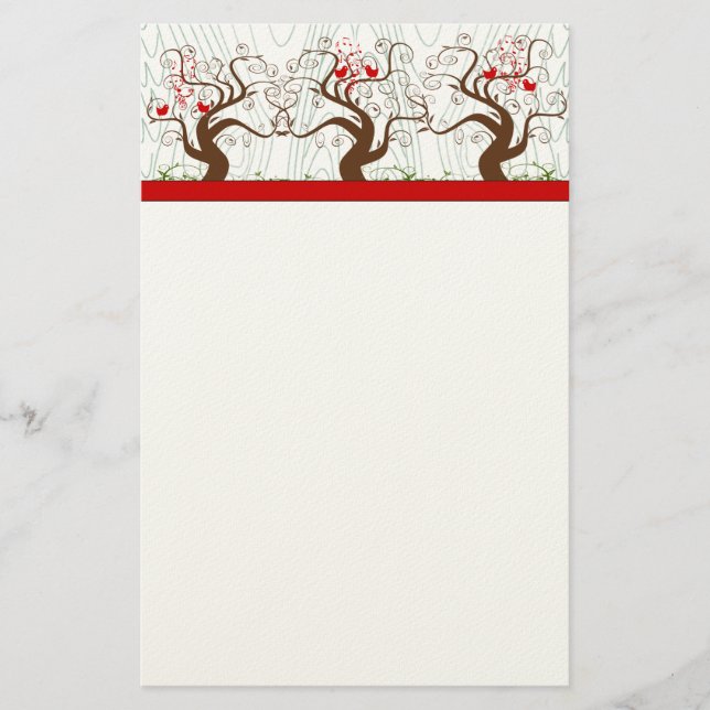 Bird Swirl Tree Musical Wood Grain Xmas Stationery (Front)